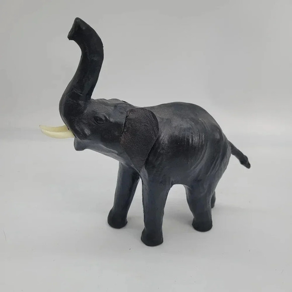 Leather Wrapped Elephant Figure Trunk Up Wildlife Vintage Collectible Handmade - Picture 1 of 13